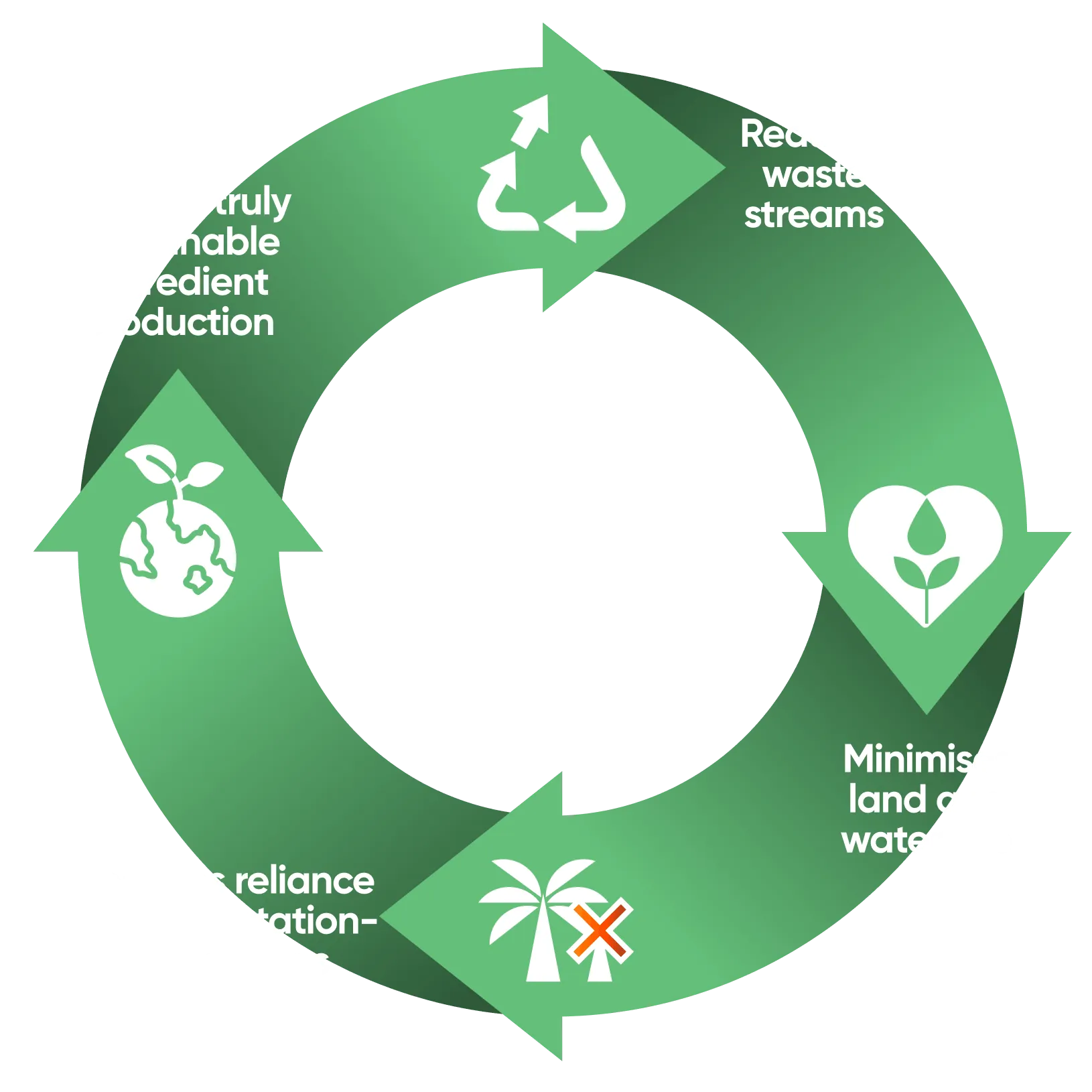 A circular diagram of the approach: reduces waste streams, minimises land and water use, reduces reliance on deforestation-linked crops, enables truly sustainable ingredient production
