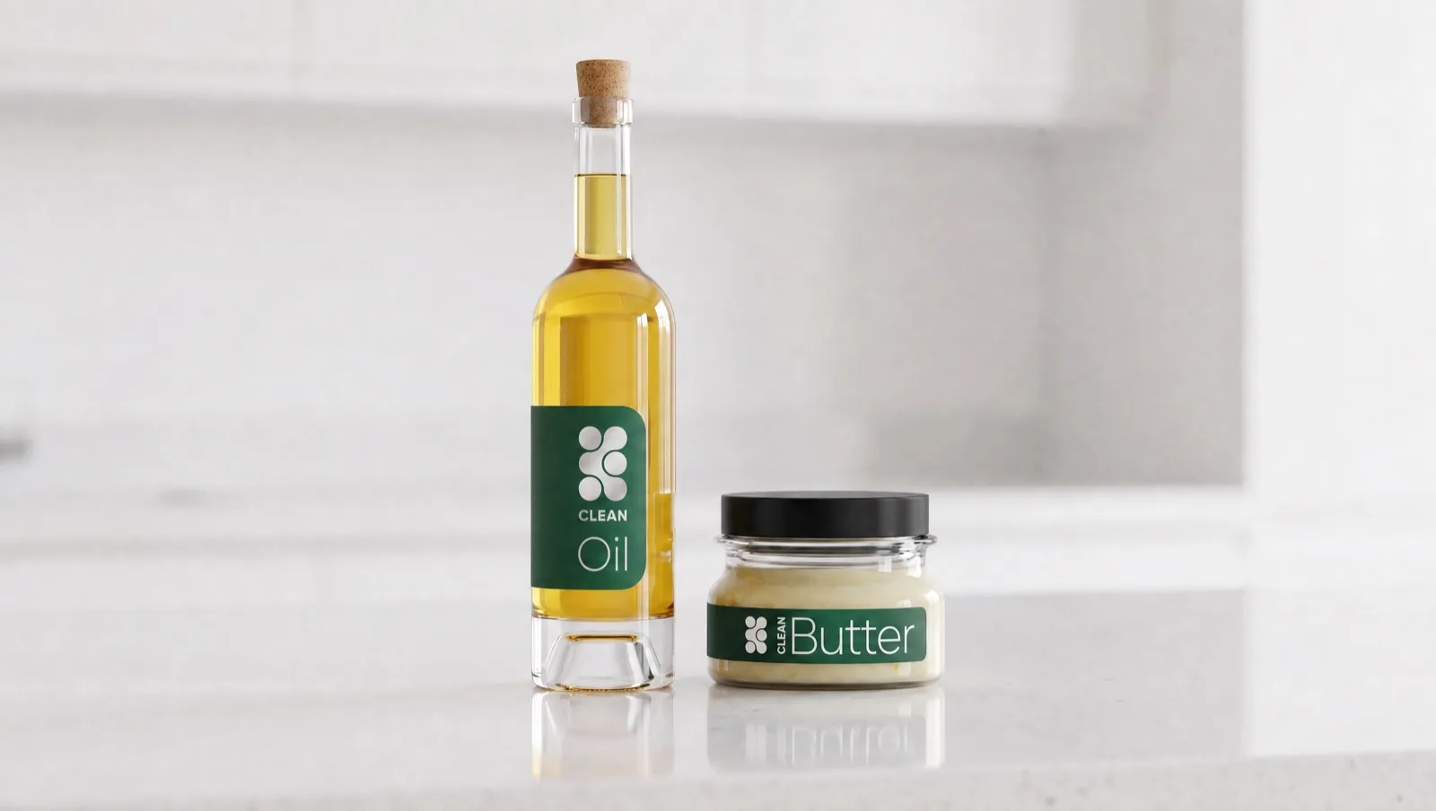A CLEANOil™ bottle and CLEANButter™ jar