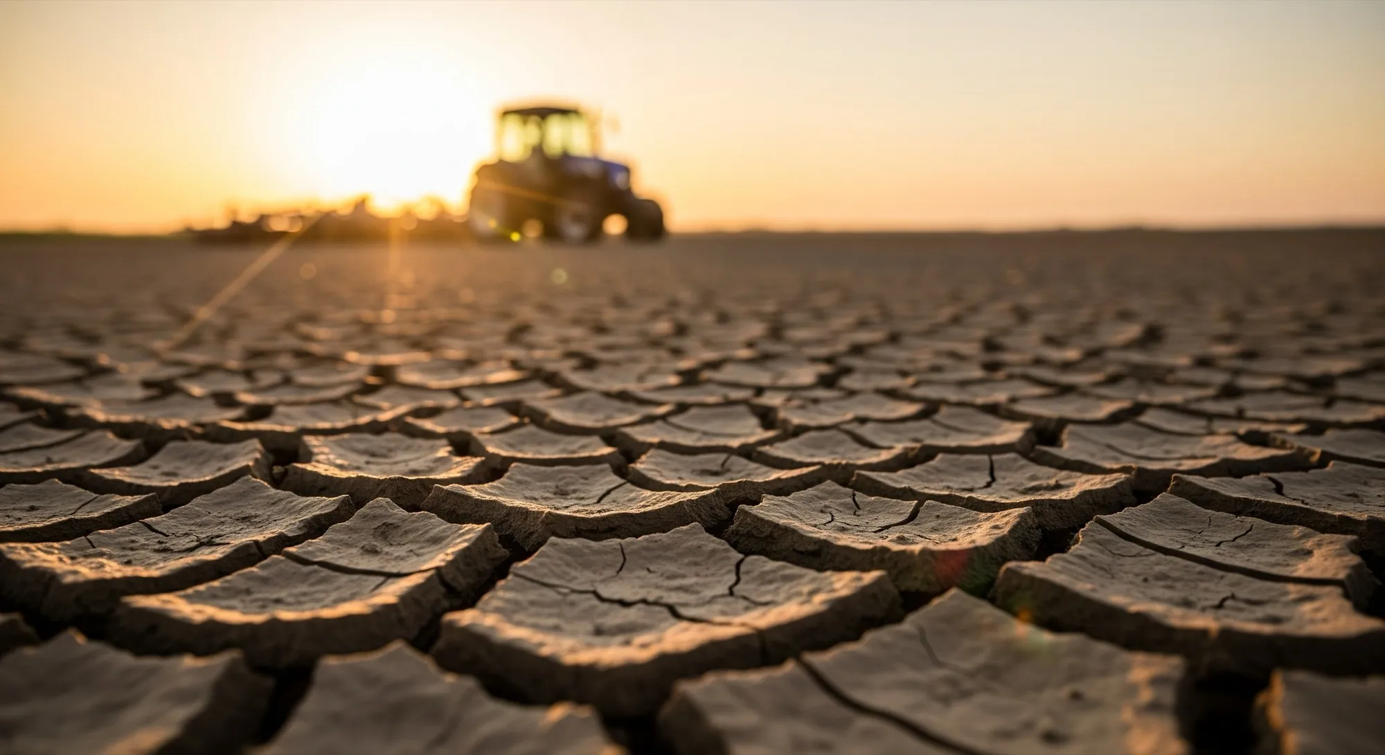 A tractor on cracked, drought-stricken farmland at sunset